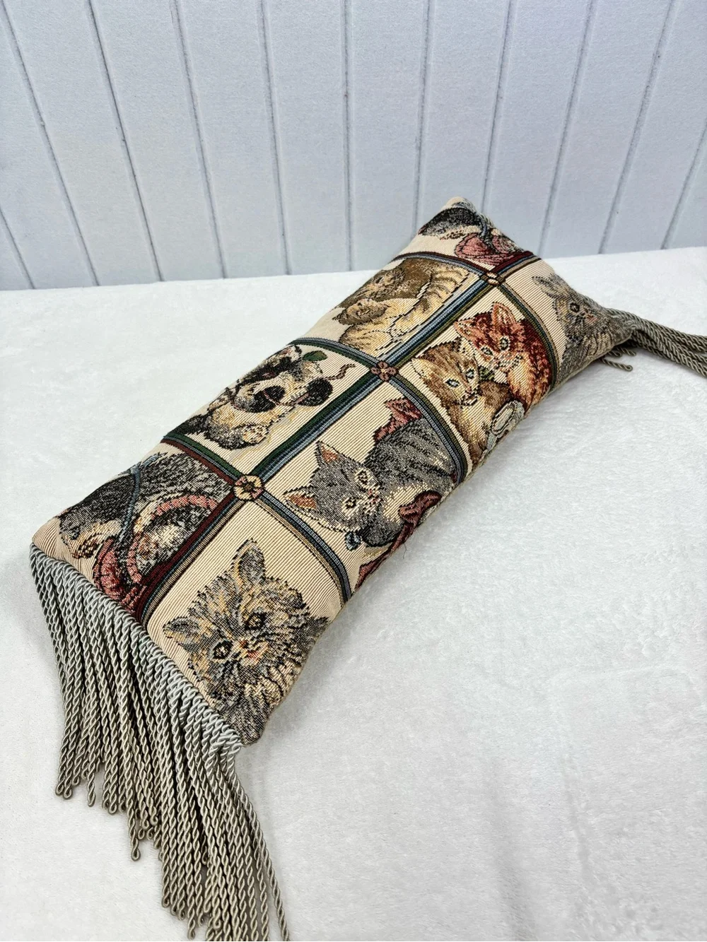 Vintage Tapestry  Kitten Bolster Pillow with Tassels